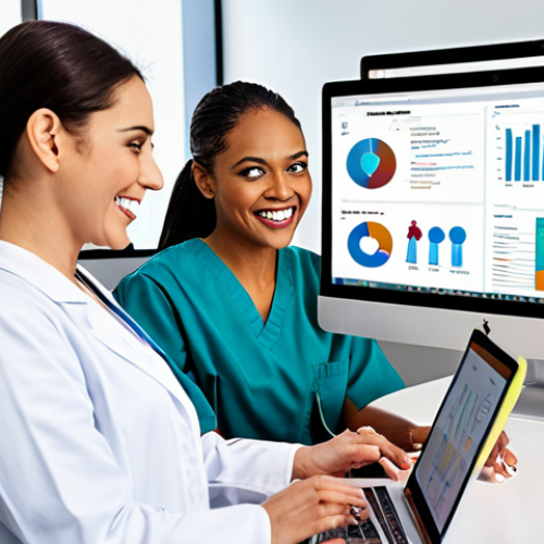 Home 4 **Prompt:** A diverse group of dental hygienists collaboratively working on laptops and tablets in a brightly lit, modern co-working space. Charts and graphs related to dental trends are displayed on large screens in the background. The atmosphere is energetic and supportive, symbolizing information sharing and career growth within a dental hygienist community.
