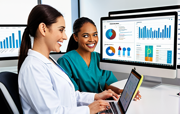**Prompt:** A diverse group of dental hygienists collaboratively working on laptops and tablets in a brightly lit, modern co-working space. Charts and graphs related to dental trends are displayed on large screens in the background. The atmosphere is energetic and supportive, symbolizing information sharing and career growth within a dental hygienist community.