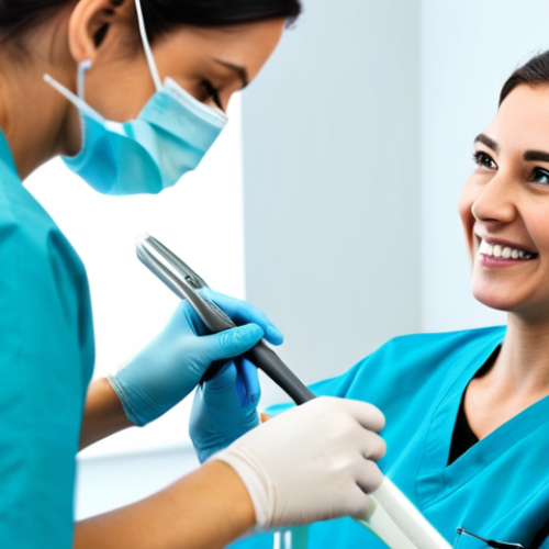 Home 14 **
"A bright and modern dental clinic interior. A female dental hygienist, fully clothed in professional scrubs, is carefully performing a scaling procedure on a patient. The patient is relaxed and comfortable. Focus on the clean equipment and professional atmosphere. safe for work, appropriate content, perfect anatomy, correct proportions, well-formed hands, proper finger count, professional, family-friendly."
**