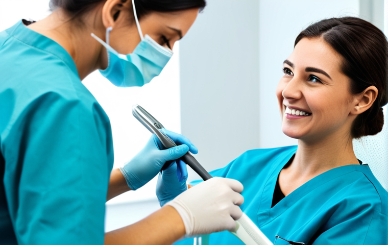 **

"A bright and modern dental clinic interior. A female dental hygienist, fully clothed in professional scrubs, is carefully performing a scaling procedure on a patient. The patient is relaxed and comfortable. Focus on the clean equipment and professional atmosphere. safe for work, appropriate content, perfect anatomy, correct proportions, well-formed hands, proper finger count, professional, family-friendly."

**