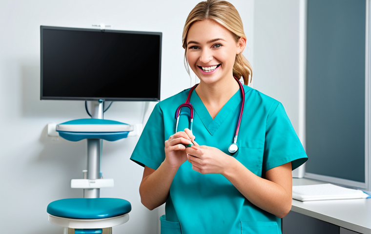 치과위생사 신규 직장 적응법 - **Prompt:** A young, smiling dental hygienist in a modern, bright dental office, fully clothed in pr...