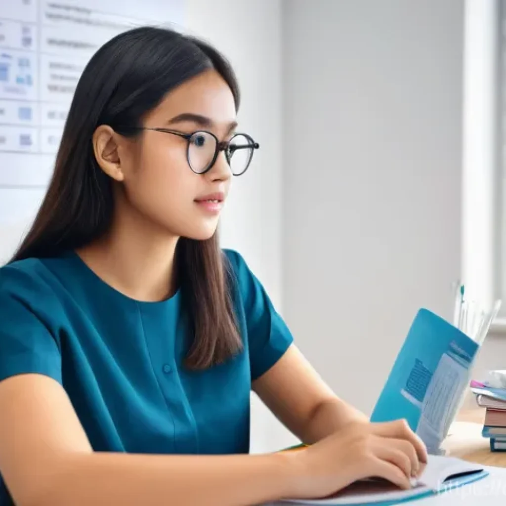 치과위생사 자격시험 후기 모음 - A determined female student, in her early 20s, wearing smart casual attire, sits at a brightly lit d...