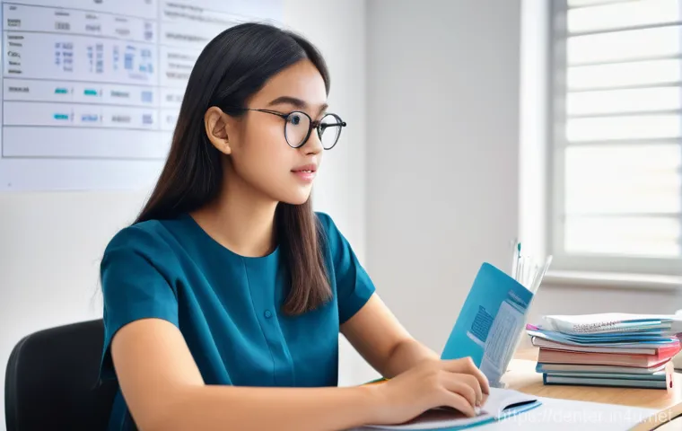 치과위생사 자격시험 후기 모음 - A determined female student, in her early 20s, wearing smart casual attire, sits at a brightly lit d...