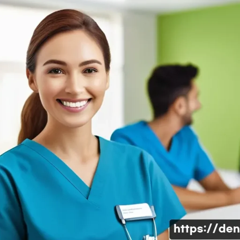 치과위생사 환자 응대 매뉴얼 - **Prompt:** A bright and welcoming dental clinic reception area. A friendly female dental hygienist ...