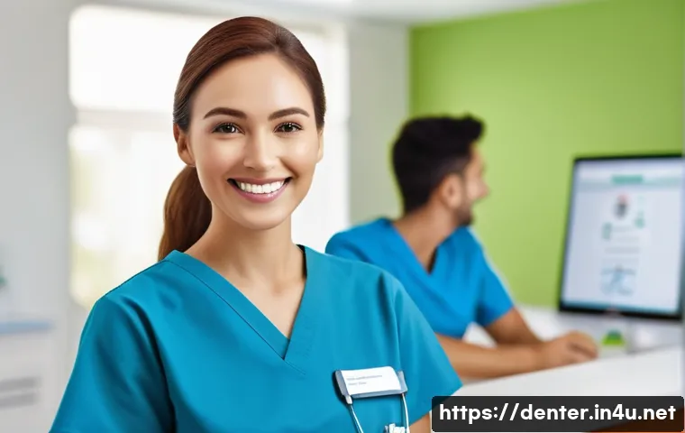 치과위생사 환자 응대 매뉴얼 - **Prompt:** A bright and welcoming dental clinic reception area. A friendly female dental hygienist ...