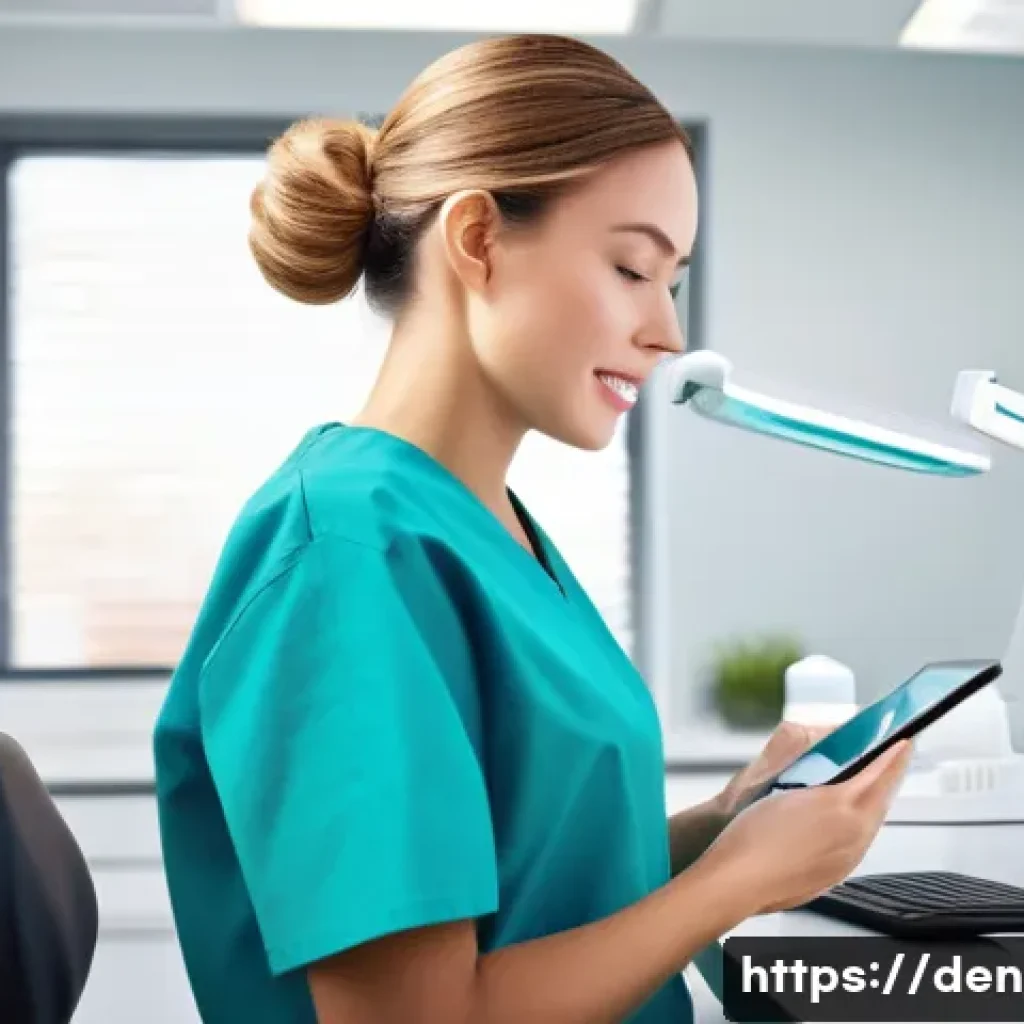 치과위생사 병원 인증 프로그램 - A professional female dental hygienist, in her late 20s to early 30s, is intently studying on a tabl...