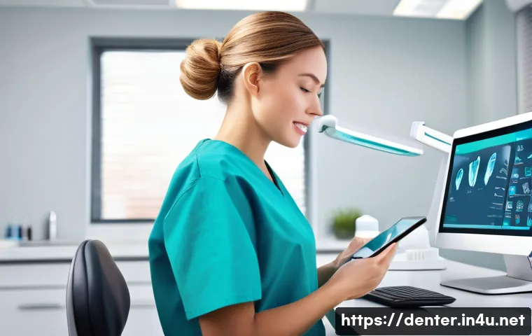 치과위생사 병원 인증 프로그램 - A professional female dental hygienist, in her late 20s to early 30s, is intently studying on a tabl...