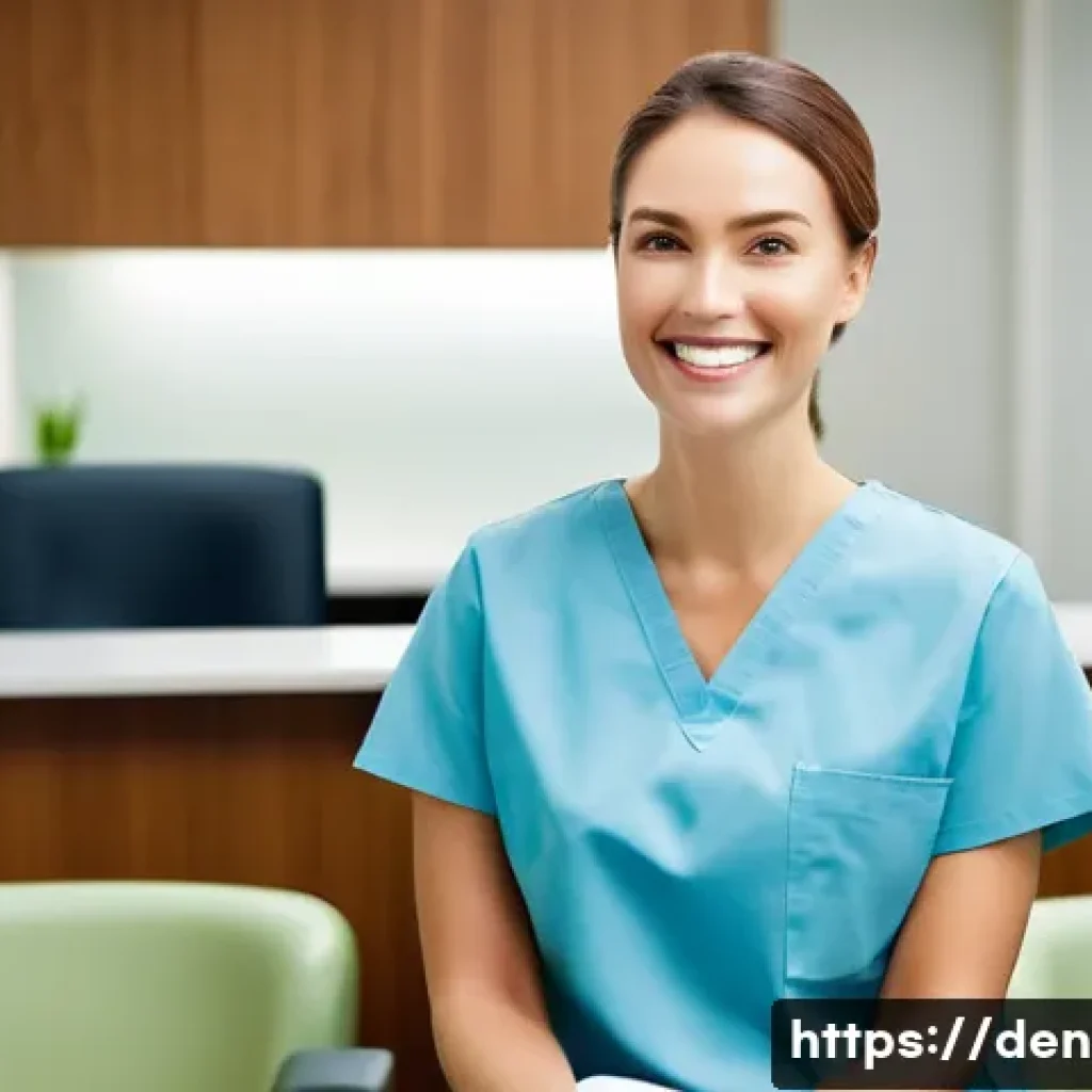 치과위생사와 환자 소통 스킬 - **Prompt:** A warm, inviting scene in a modern dental clinic's waiting area. A kind and professional...