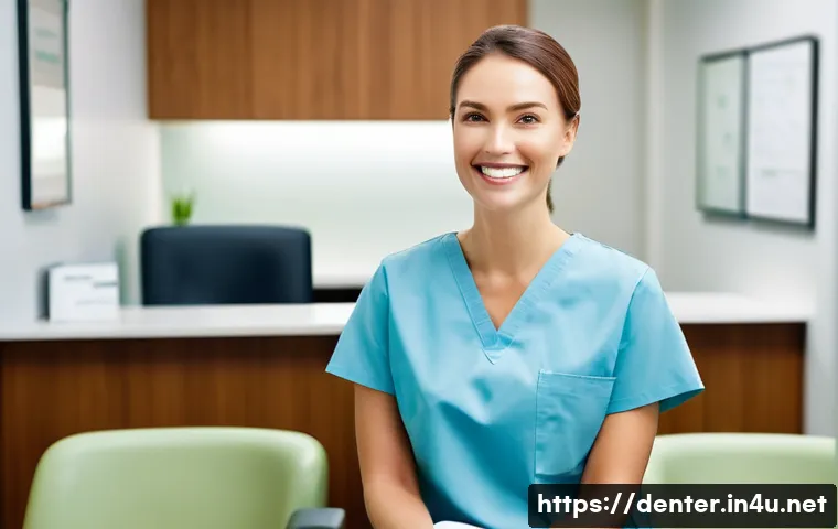 치과위생사와 환자 소통 스킬 - **Prompt:** A warm, inviting scene in a modern dental clinic's waiting area. A kind and professional...