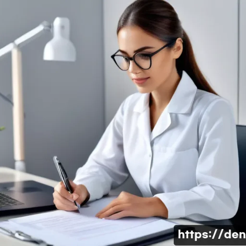 치과위생사 취업 후기 - A professional dental hygienist preparing a resume and cover letter at a tidy desk, surrounded by de...