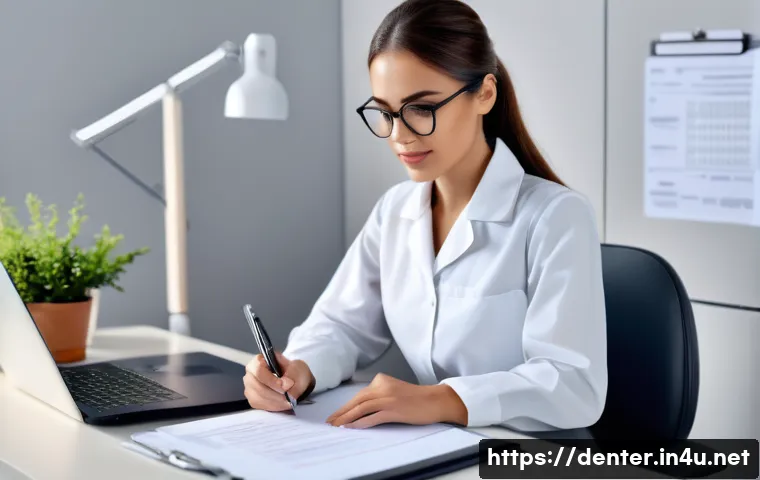 치과위생사 취업 후기 - A professional dental hygienist preparing a resume and cover letter at a tidy desk, surrounded by de...