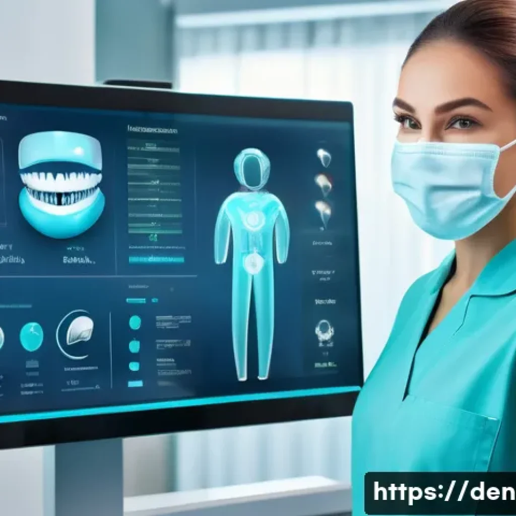 치과위생사 업무 효율화 기술 - A modern dental clinic interior featuring a dental hygienist using a digital electronic medical reco...