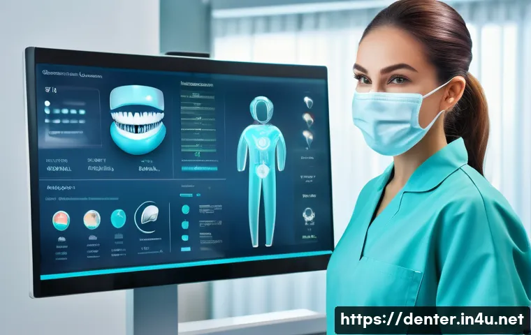 치과위생사 업무 효율화 기술 - A modern dental clinic interior featuring a dental hygienist using a digital electronic medical reco...