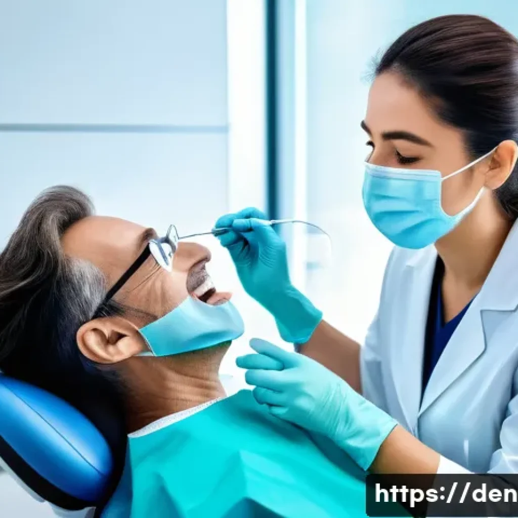 치과위생사 치주 관리 사례 - A professional dental hygienist in a modern clinic carefully examining a middle-aged patient's gums ...
