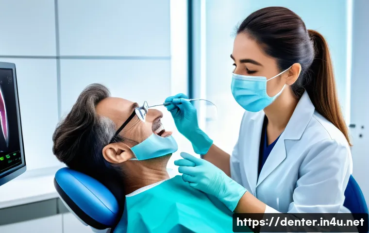치과위생사 치주 관리 사례 - A professional dental hygienist in a modern clinic carefully examining a middle-aged patient's gums ...