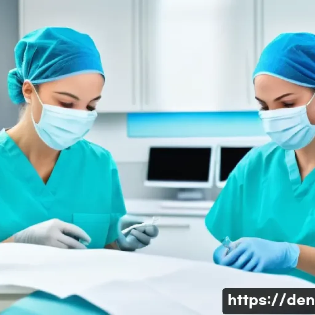치과위생사 직업 만족도 조사 - A modern dental clinic operating room scene showing a dental hygienist in professional attire wearin...
