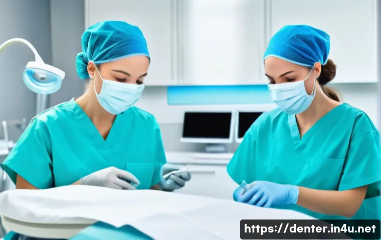 치과위생사 직업 만족도 조사 - A modern dental clinic operating room scene showing a dental hygienist in professional attire wearin...