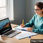 치과위생사 학점 관리 전략 - A detailed study desk setup for a dental hygiene student, featuring a laptop displaying a digital ca...