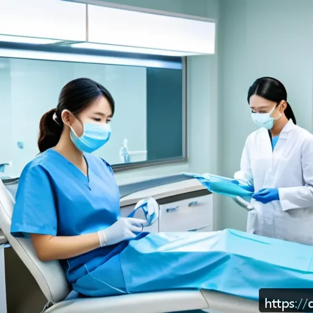 치과위생사 병원별 근무 조건 비교 - A professional dental hygienist working in a large modern hospital setting, wearing clean, neat scru...