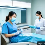 치과위생사 병원별 근무 조건 비교 - A professional dental hygienist working in a large modern hospital setting, wearing clean, neat scru...