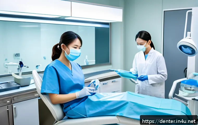 치과위생사 병원별 근무 조건 비교 - A professional dental hygienist working in a large modern hospital setting, wearing clean, neat scru...