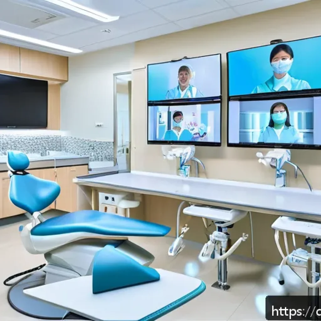 치과위생사 전문 교육 기관 추천 - A modern dental hygiene classroom with diverse adult students engaged in a hybrid learning environme...