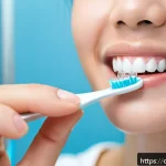 치과위생사 교정환자 관리 방법 - A detailed close-up illustration of a person brushing their teeth with orthodontic braces, using a s...