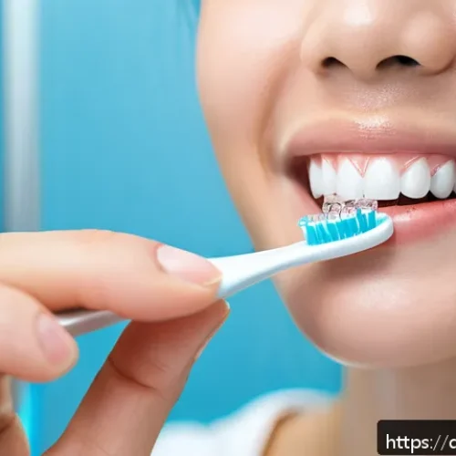 치과위생사 교정환자 관리 방법 - A detailed close-up illustration of a person brushing their teeth with orthodontic braces, using a s...