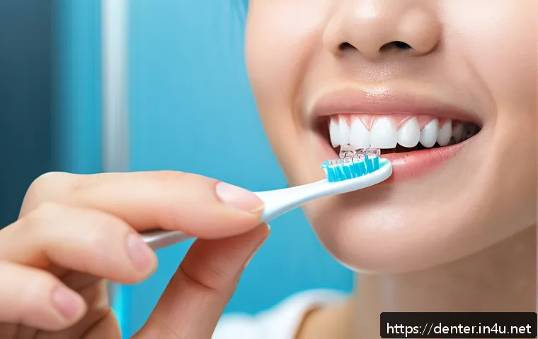 치과위생사 교정환자 관리 방법 - A detailed close-up illustration of a person brushing their teeth with orthodontic braces, using a s...